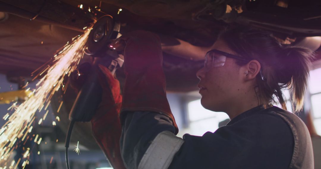 Female Mechanic Operating Angle Grinder With Precision in Workshop