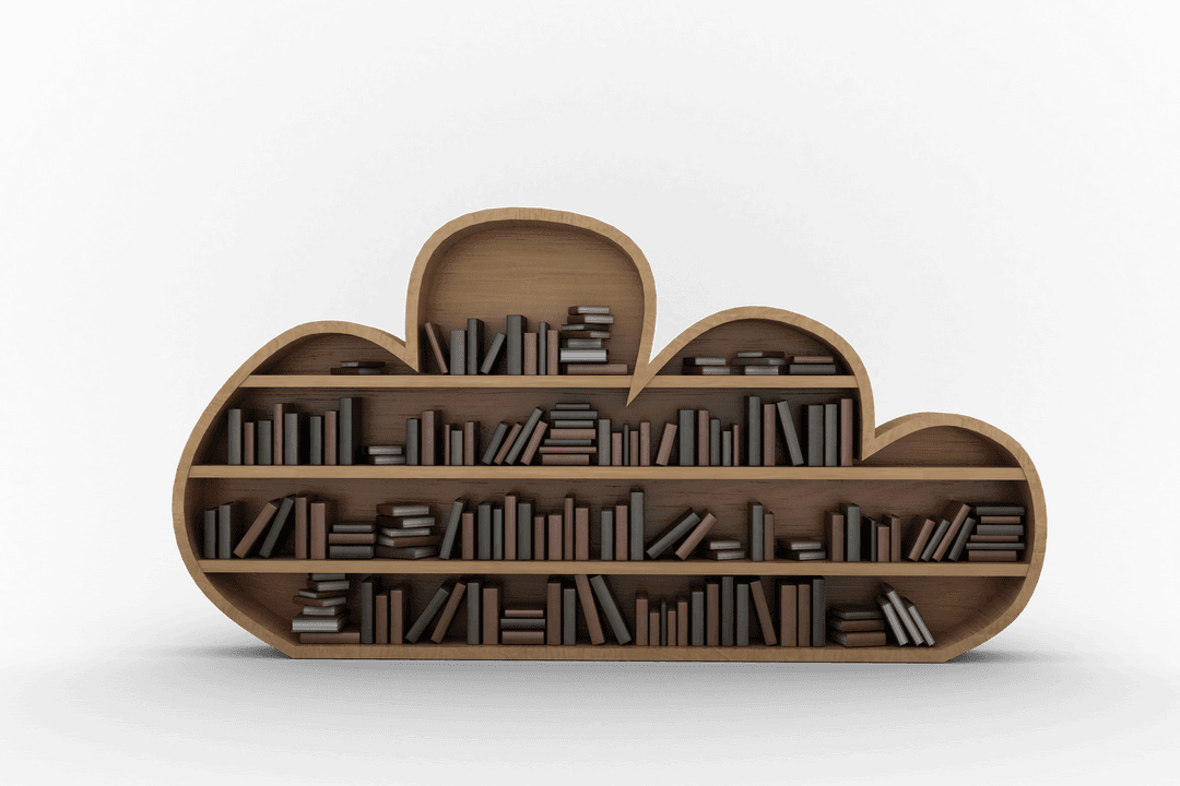Cloud Shaped Bookshelves with Array of Storybooks on Transparent Background