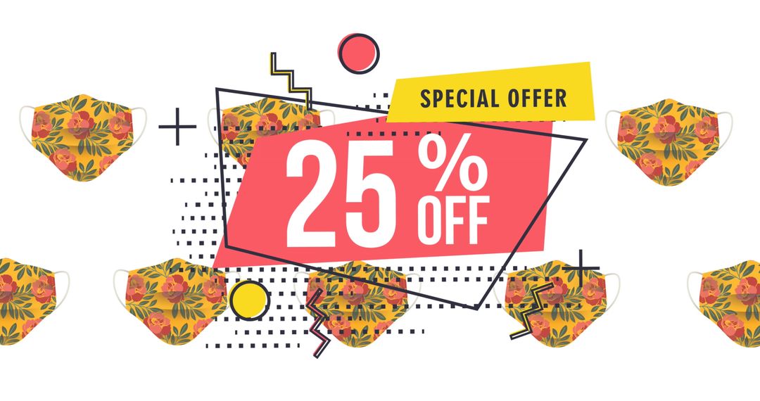Colorful Geometric Promotion Banner with Floral Pattern Masks and Discount
