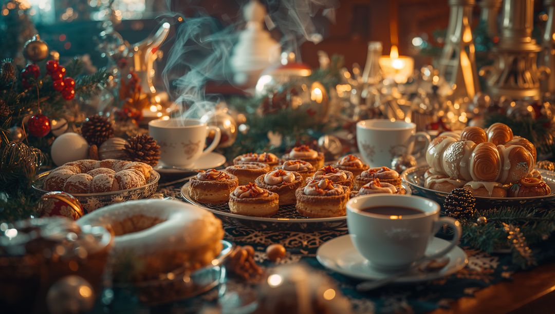 Festive Holiday Table with Pastries and Steaming Coffee Cups