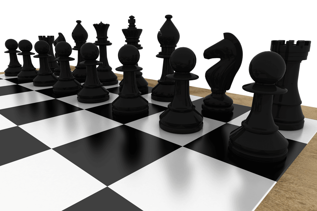 Transparent Black Chess Pieces Lined Up on Checkered Board
