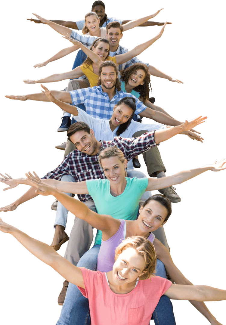 Diverse Group Celebrating with Arms Open on Transparent Background