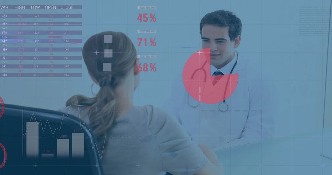 Doctor Consults Patient While Analyzing Data Metrics and Graphs