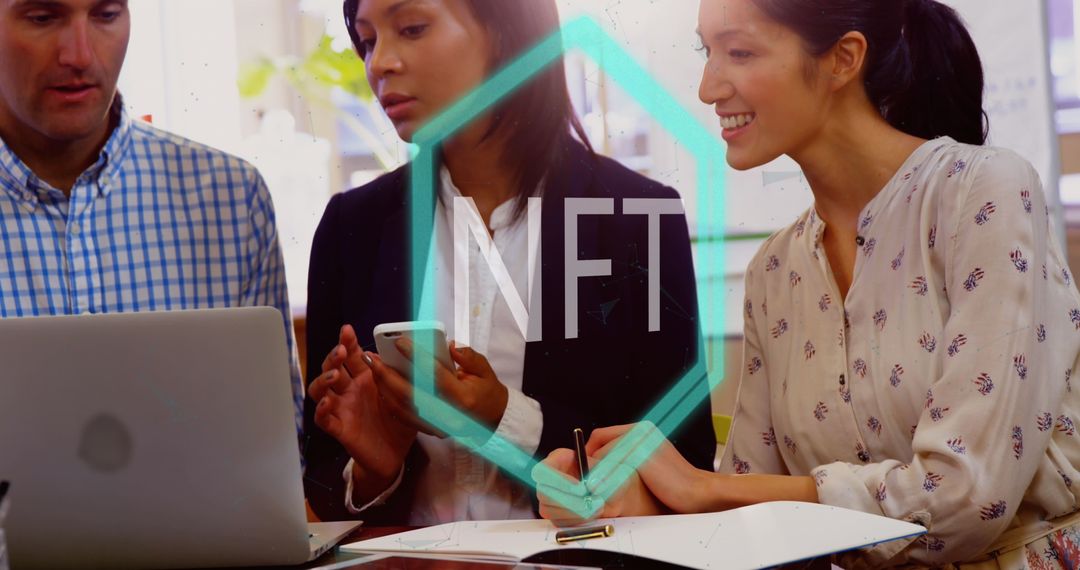 Diverse Team Discusses NFTs with Digital Connections
