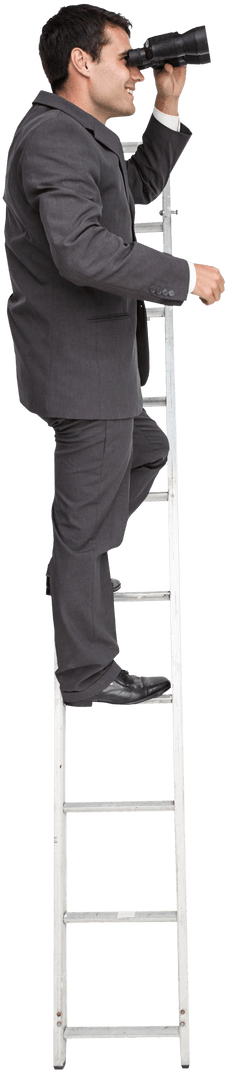 Transparent Businessman with Binoculars on Ladder Concept