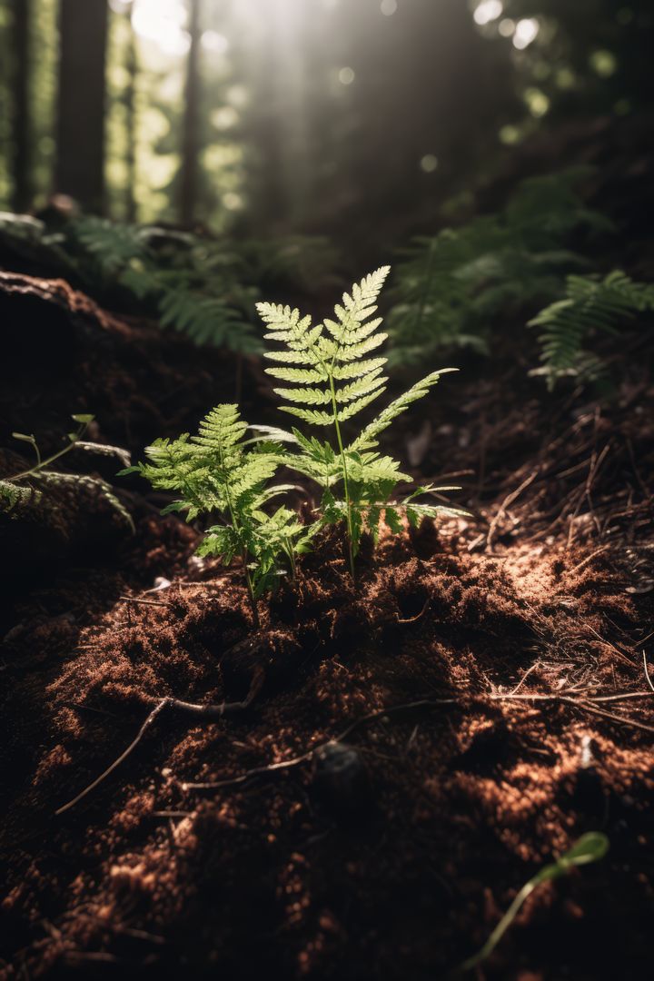 Small Fern Sprouting from Forest Floor in Sunlight - Free Images, Stock Photos and Pictures on Pikwizard.com