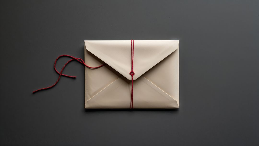 Cream envelope tied with red string on grey background, criminal record correspondence concept