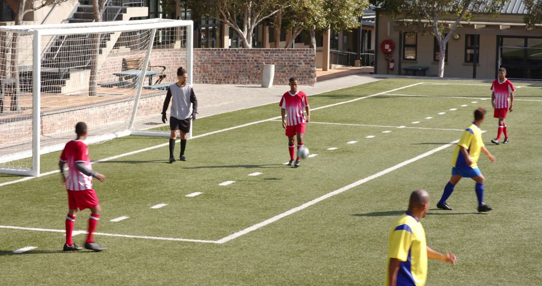 Intense Soccer Match with Focused Players in Action