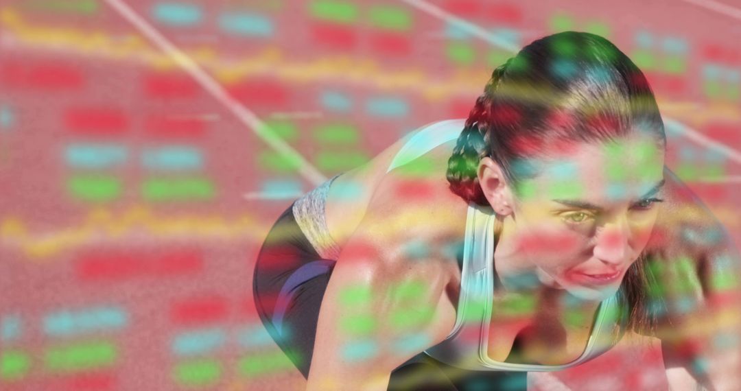 Focused Female Sprinter Launching from Red Track with Vibrant Data Overlay Double Exposure