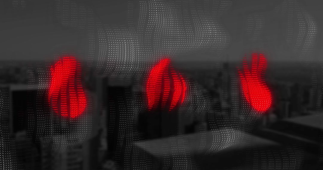 Digital Red Handprints Over Cityscape Illustrating Futuristic Technology
