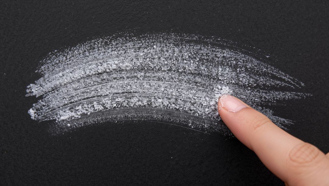 Index Finger Dragging Chalk Dust Creating White Textured Streak Across Black Matte Surface