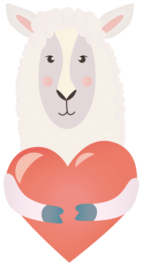 Adorable Lamb Hugging Red Heart on Transparent Background