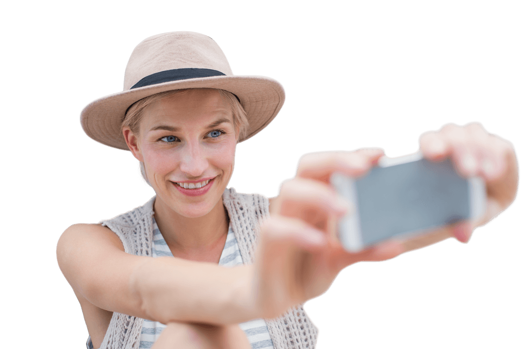 Blonde Woman in Hat Taking Transparent Selfie While Smiling
