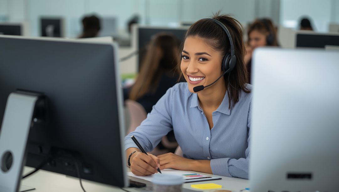 Smiling Hispanic Call Center Agent Communicating at Office Desk