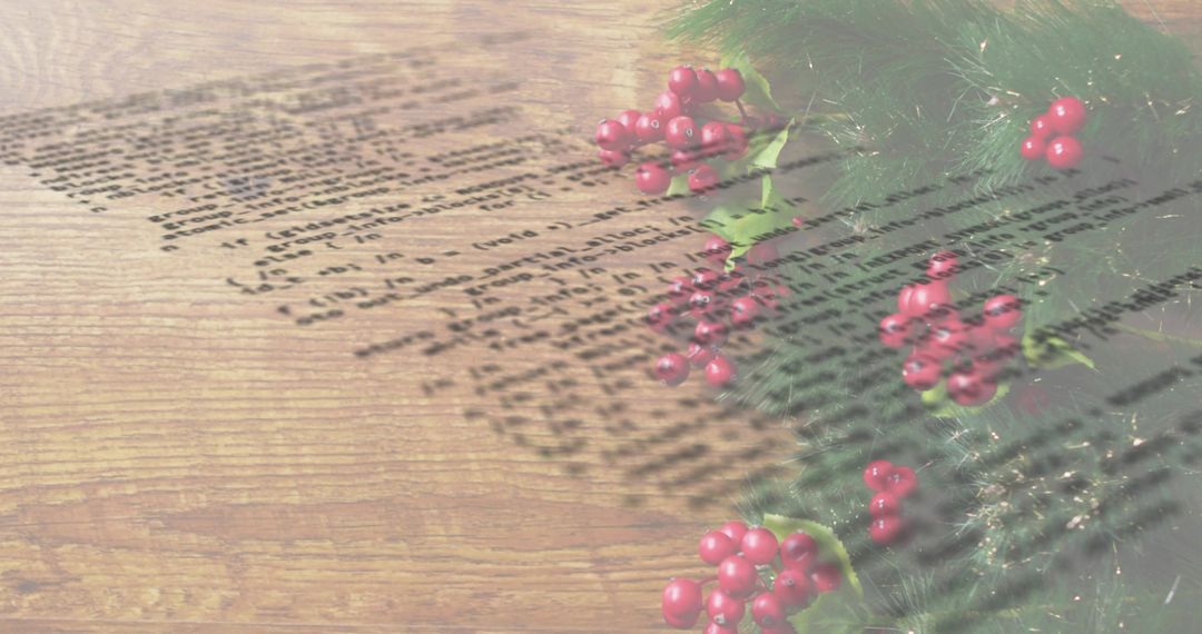 Displaying vintage holiday greenery with holly berries and script projection on rustic wood