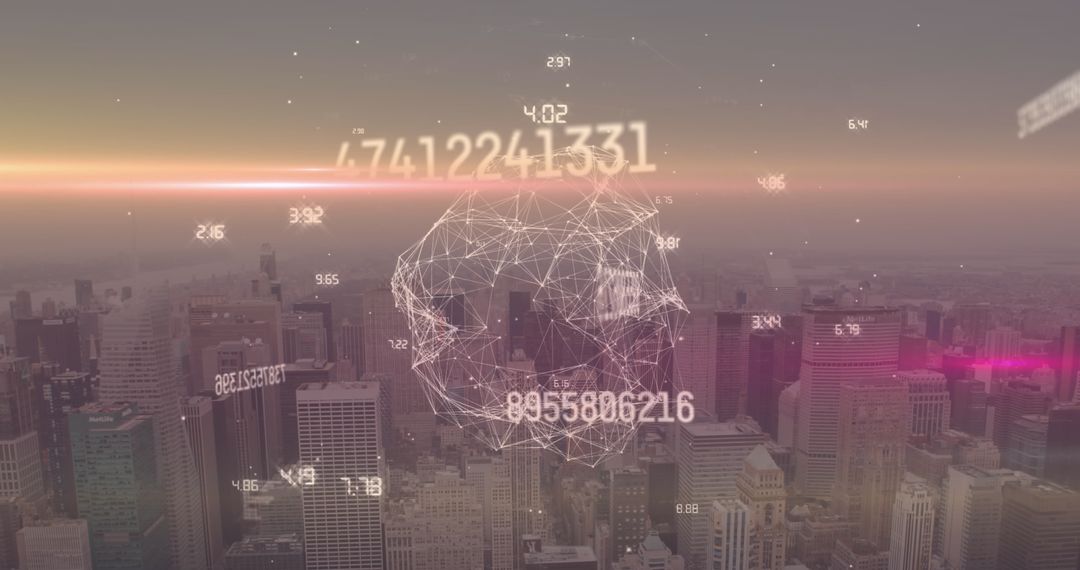 Futuristic Digital Overlay of Global Network on City Skyline