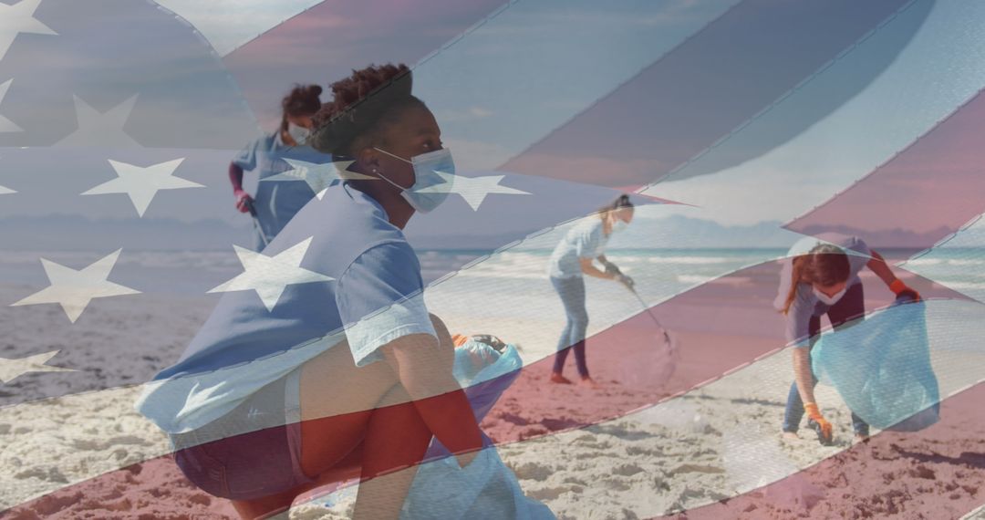 Volunteers in Face Masks Cleaning Beach with US Flag Overlay