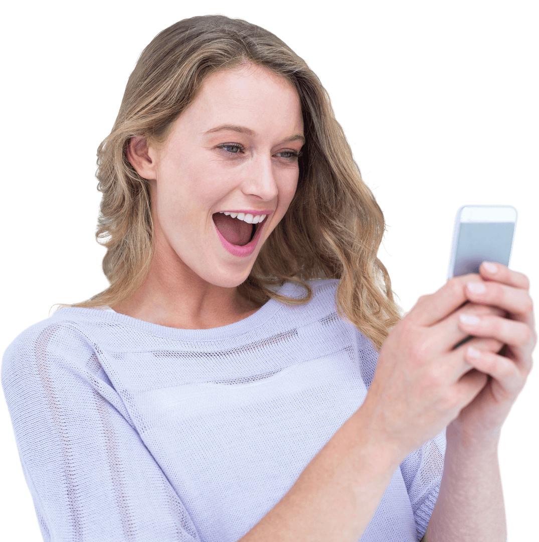 Joyful Woman Engaged with Smartphone on Transparent Background