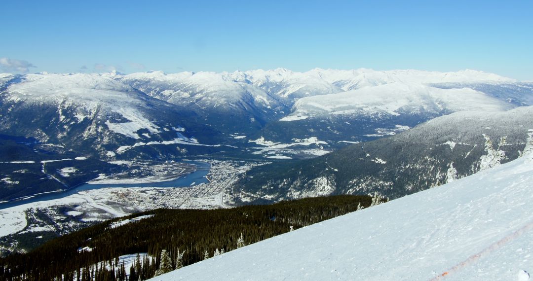 A panoramic view of a snowy mountain landscape with a clear blue sky, with copy space - Free Images, Stock Photos and Pictures on Pikwizard.com