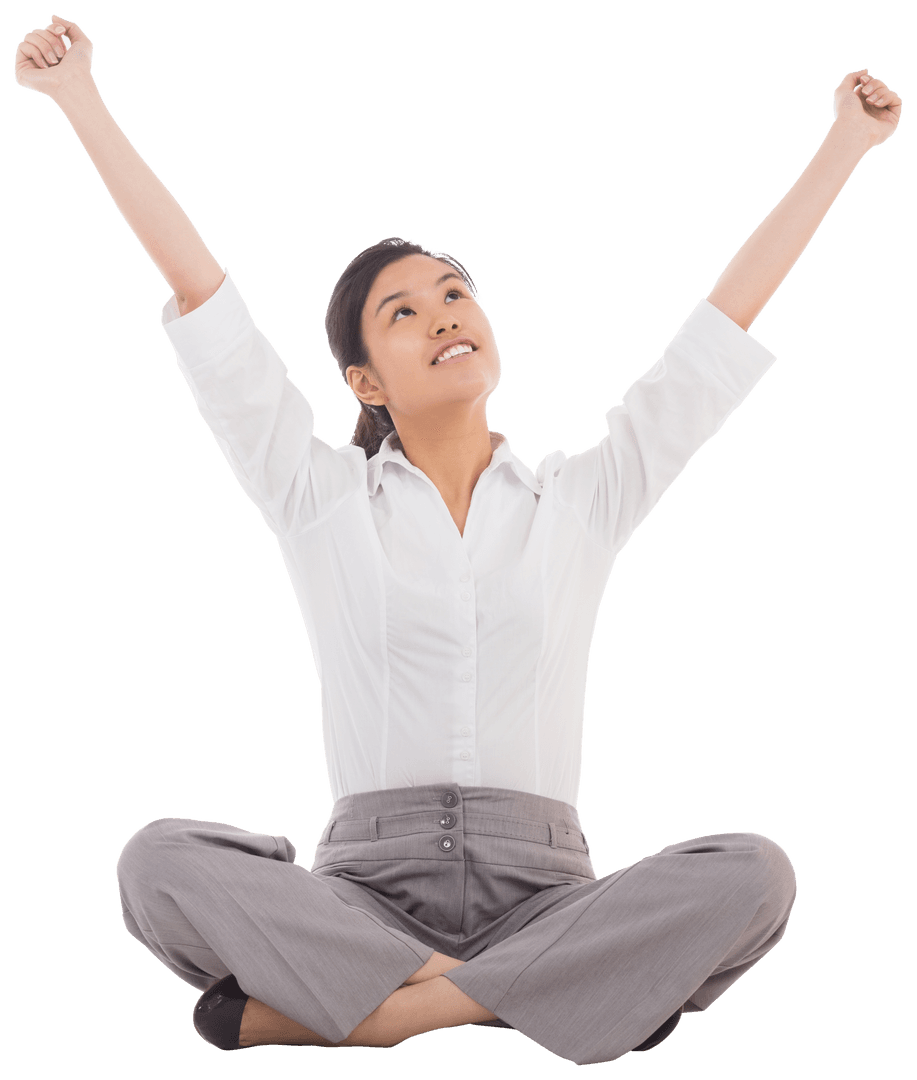 Cheerful Businesswoman with Arms Raised Sits Happily Isolated on White