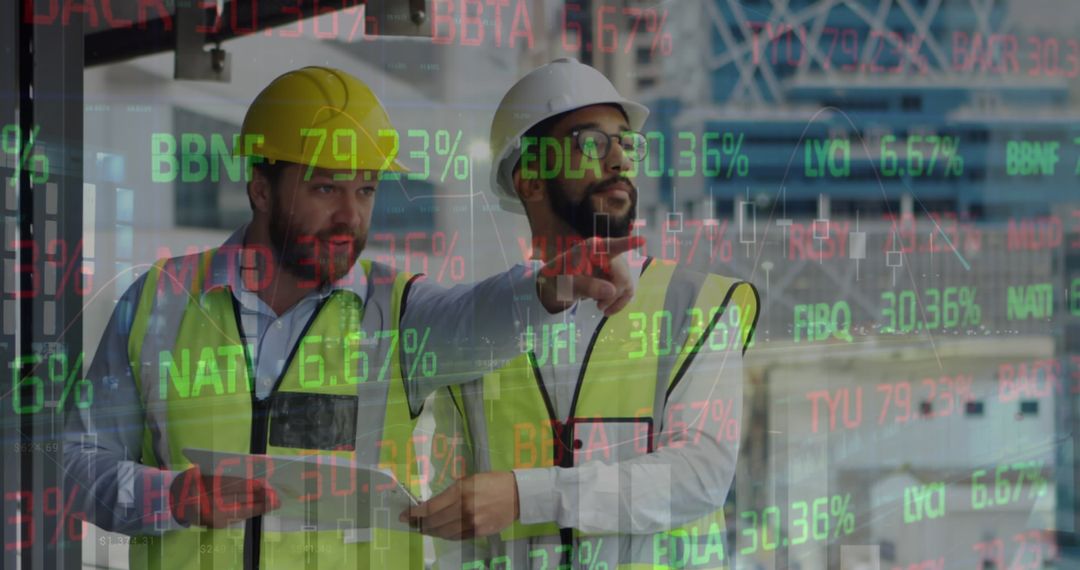 Male Architects Discussing at Construction Site Overlapping Financial Data