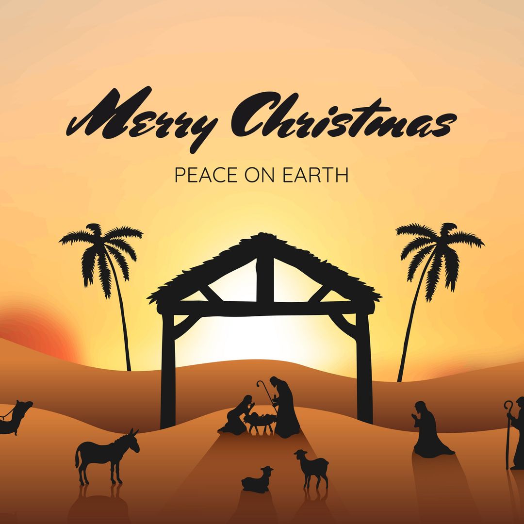 Serene Nativity Scene Silhouette Against Sunset for Christmas Greetings