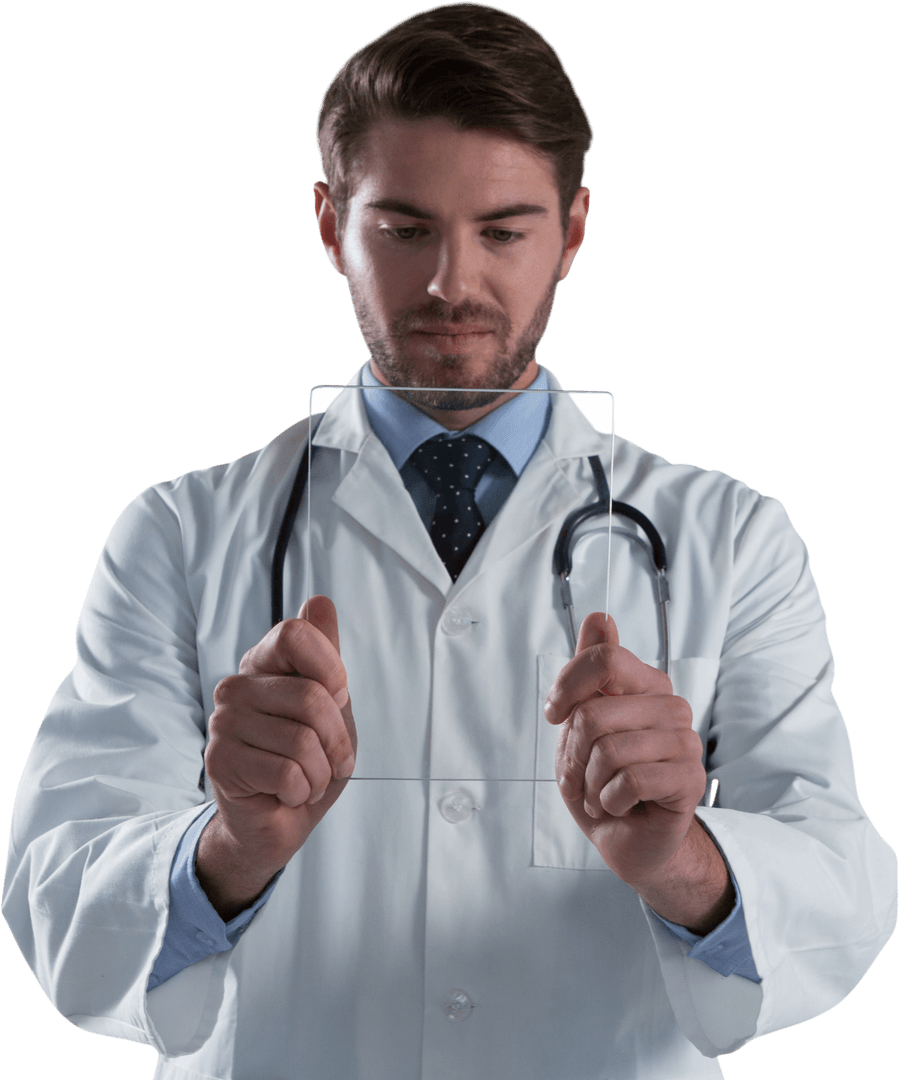 Medical Professional Using Transparent Glass Digital Tablet