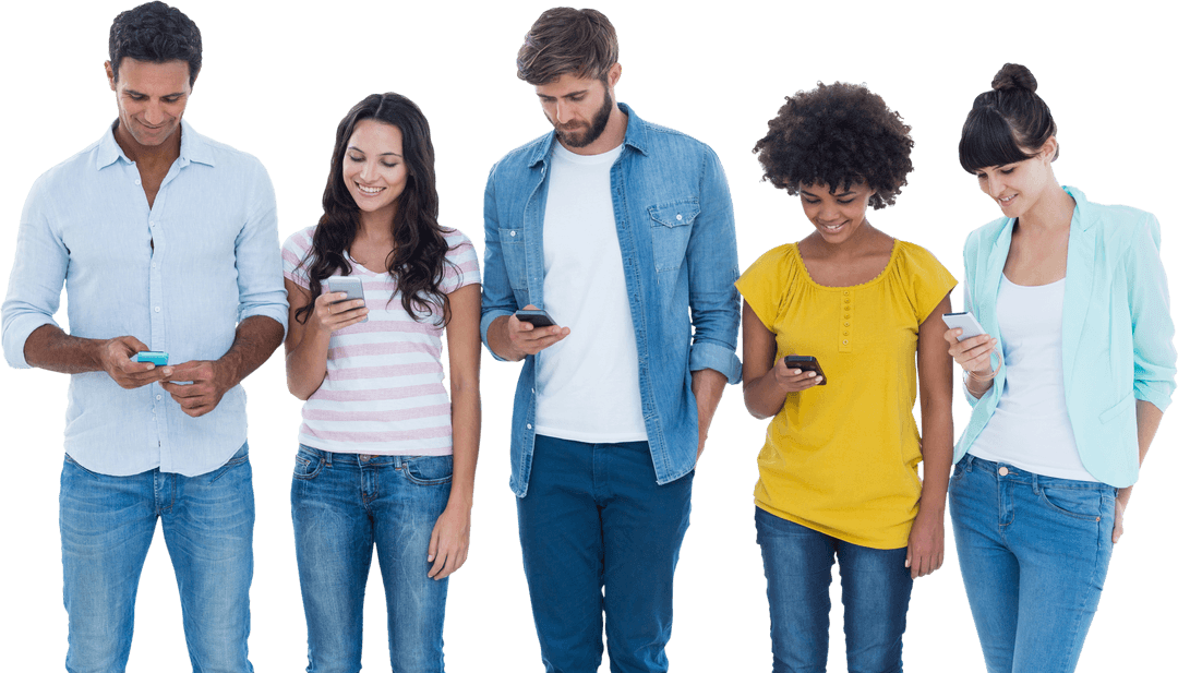 Young Professionals Engaging on Smartphones on Transparent Background
