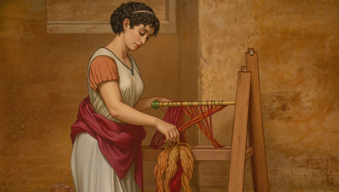 Classical Weaver Arranging Red Orange Threads on Loom in Ochre Interior, Textile Art