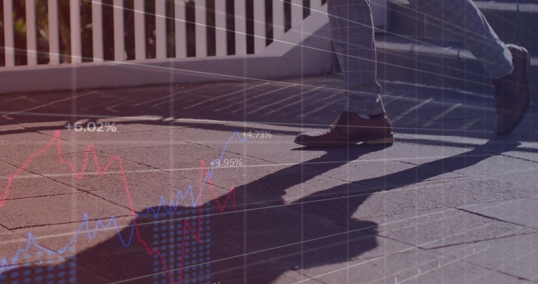 Financial Data Overlaying Man Walking Urban Steps
