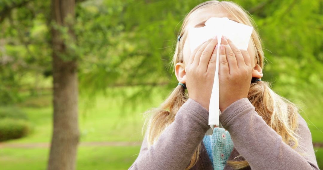 Child Sneezing Outdoors Using Tissue During Allergy Season - Free Images, Stock Photos and Pictures on Pikwizard.com