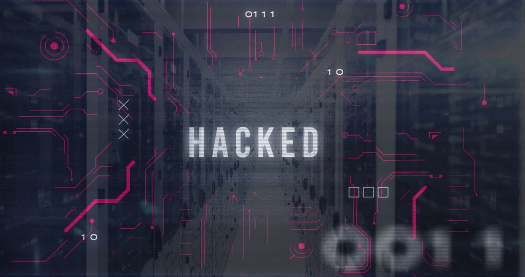 Cybersecurity Breach Concept with HACKED Message in Data Center