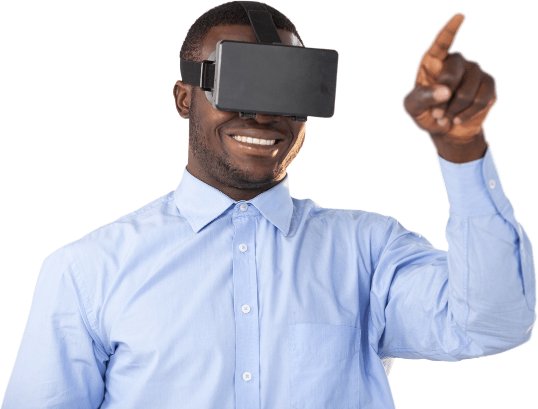 Happy Man Pointing with Transparent VR Headset