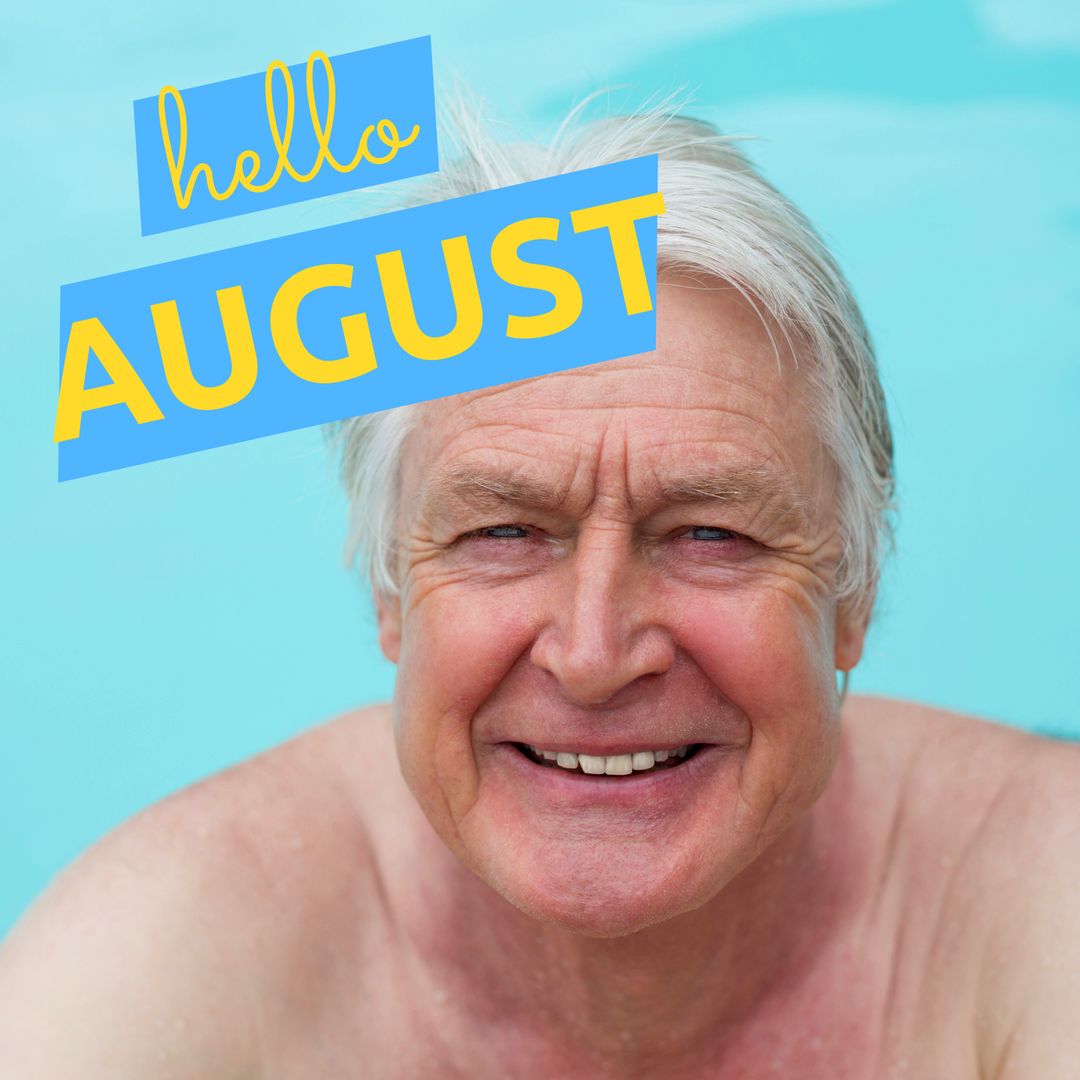 Senior Man Relaxing in Swimming Pool Welcoming August with Smile