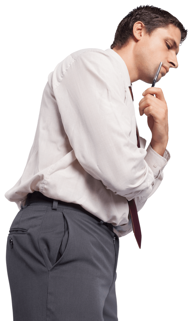 Thoughtful Transparent Businessman with Pen to Chin