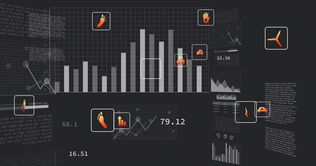 Displaying vertical bar chart dashboard with orange callouts on dark analytics grid