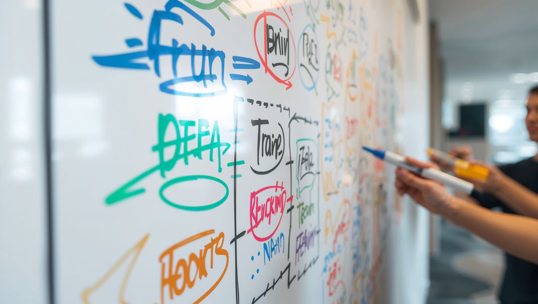 Team brainstorming on colorful whiteboard with flowcharts and markers in modern office