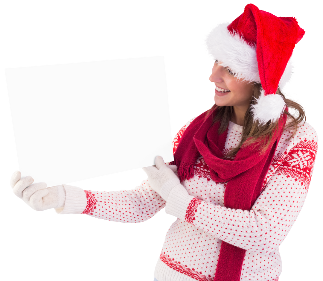 Smiling Woman Holding Blank Poster in Santa Hat for Transparent Background - Download Free Stock Images Pikwizard.com