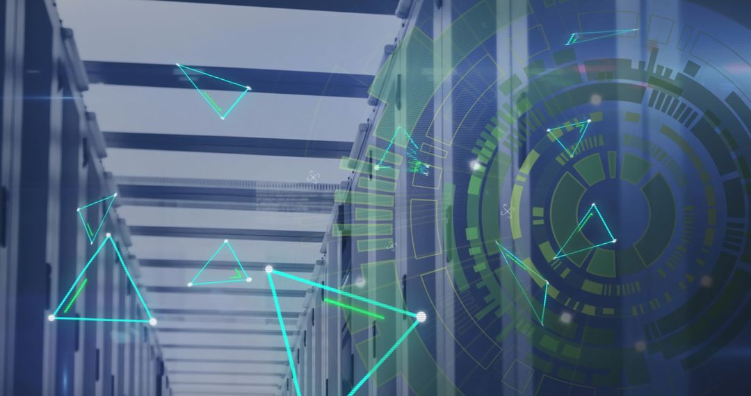 Futuristic Digital Interface Over Data Center Server Room
