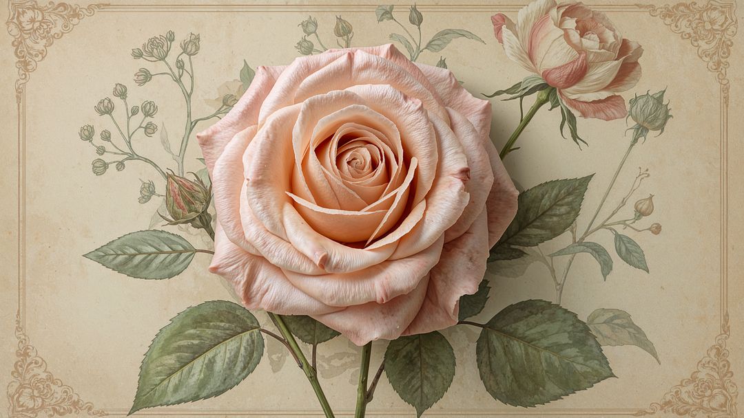 Vintage Peach Rose Botanical Illustration with Filigree Border