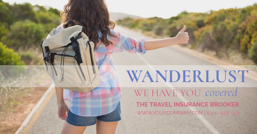 Travel insurance promotion featuring woman hitchhiking