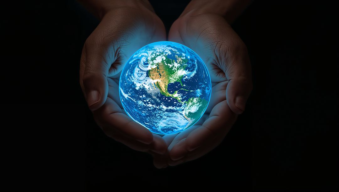Cupped Hands Holding Glowing Earth Globe Representing Planet Care and Stewardship