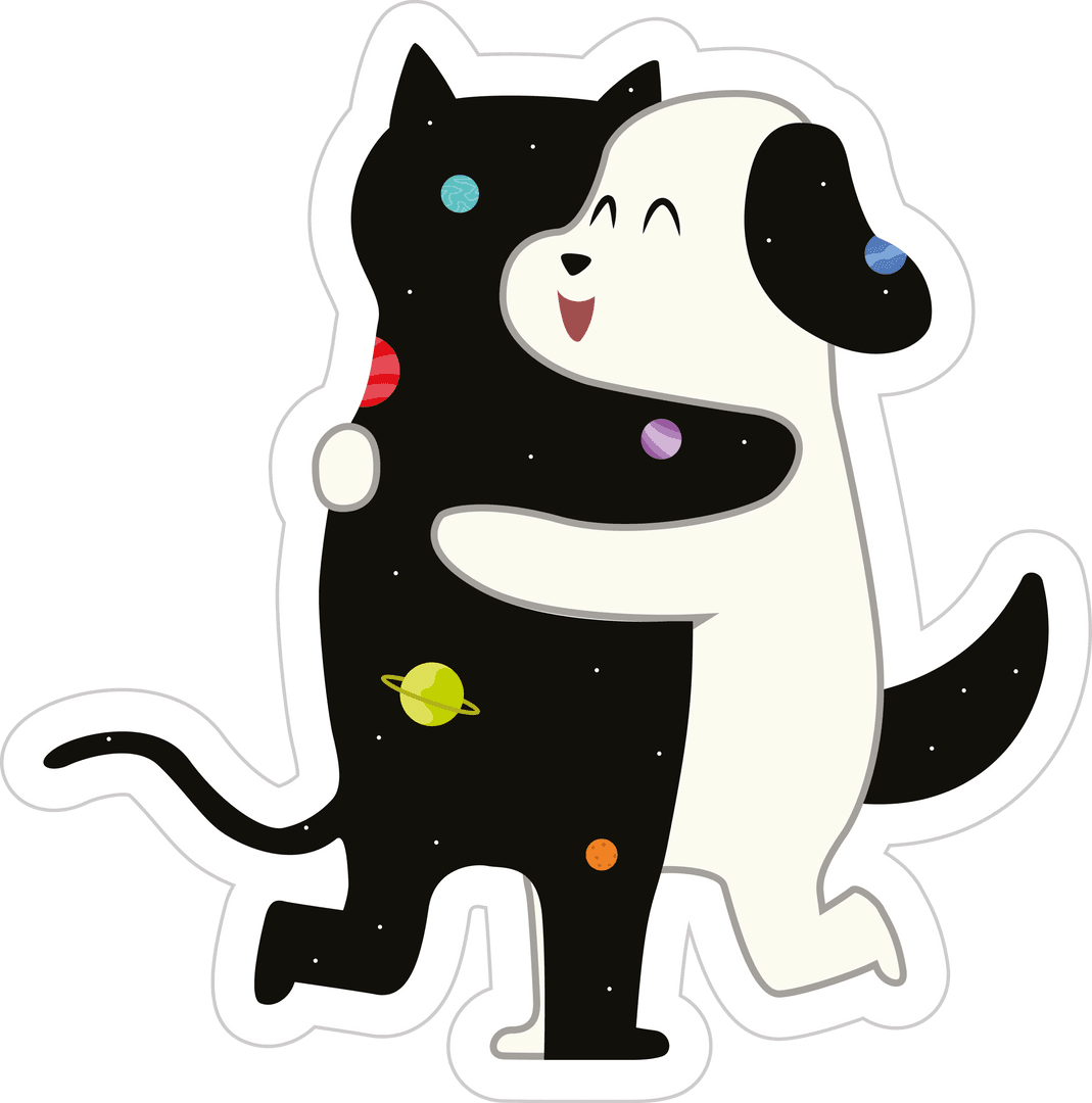 Whimsical Hugging Cat and Dog on Transparent Background