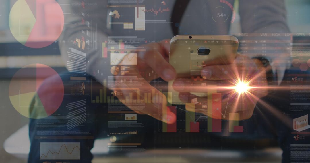 Businessman Analyzing Financial Data on Smartphone with Synchronized Graphics