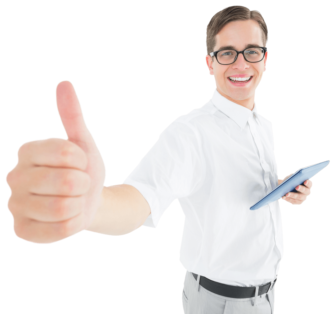 Confident Businessman Holding Tablet Showing Thumbs Up on Transparent Background