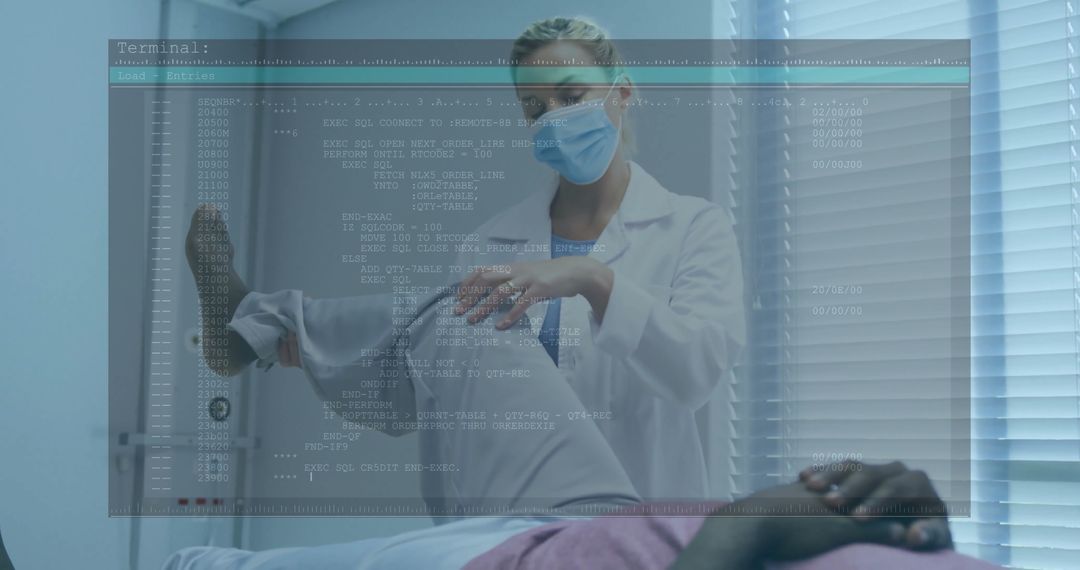Doctor Examining Patient with Digital Code Overlay Reflecting Medical Technology