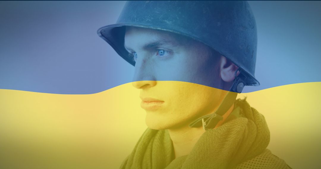 Ukrainian Soldier with Flag Overlay, Symbolizing National Crisis and Resilience - Free Images, Stock Photos and Pictures on Pikwizard.com