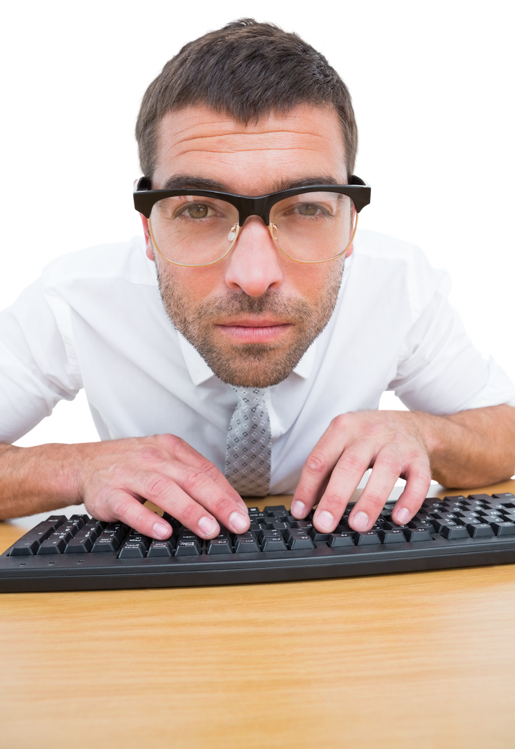 Focused Transparent Businessman Typing at Desk with Glasses - Download Free Stock Images Pikwizard.com