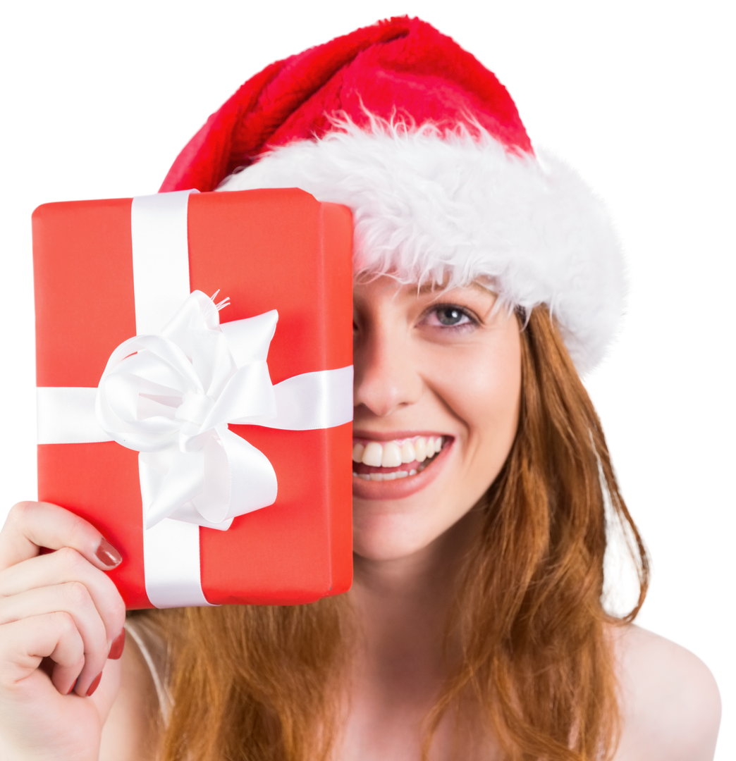 Smiling Woman in Santa Hat Holding Red Gift with Ribbon Transparent - Download Free Stock Images Pikwizard.com