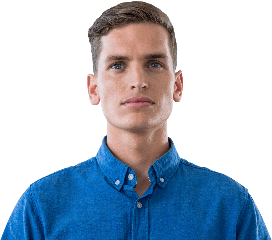 Young Man in Blue Shirt with Thoughtful Expression Transparent Concept